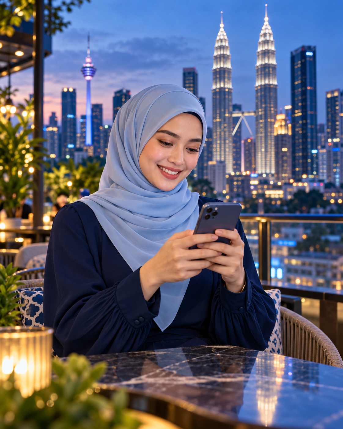 Visual AI wanita menggunakan telefon di kafe bandar